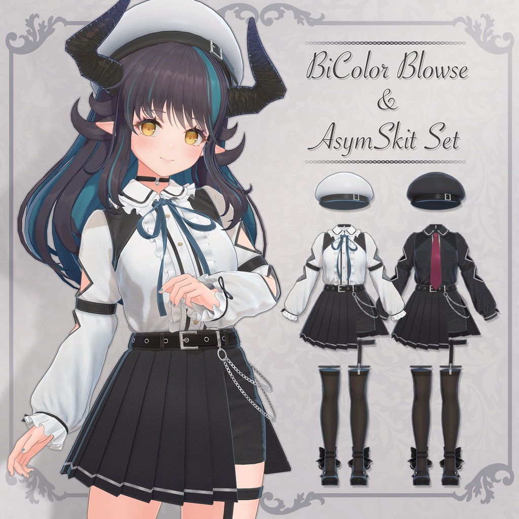 Two-Tone Blouse and Asymmetrical Skirt Set image