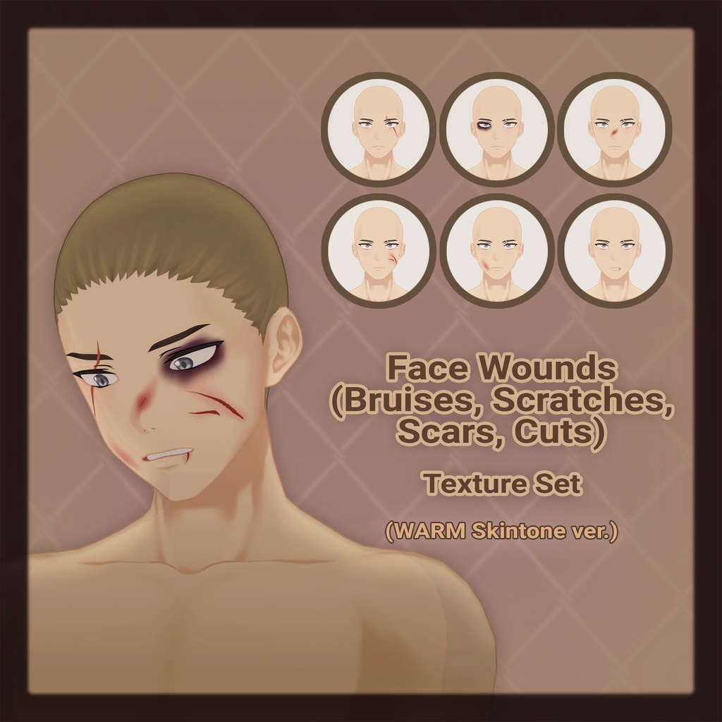 【VRoid Stable】 Face Wounds Texture Set (Bruises, Scratches, Scars, Cuts) [WARM Skin Ver.] image