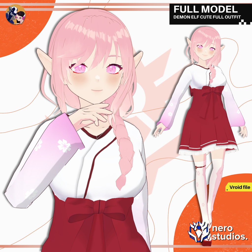 DEMON ELF CUTE FULL OUTFIT SET PRESET HAIRSTYLE BRAID GIRL KIMONO PINK HAIR (VROID FILE) / VRoid用テクスチャ 鬼 エルフ かわいい 女の子 3Dモデル 和服 着物 ドレス ピンク ヘア ストッキング ファンタジー 三つ編み髪 image
