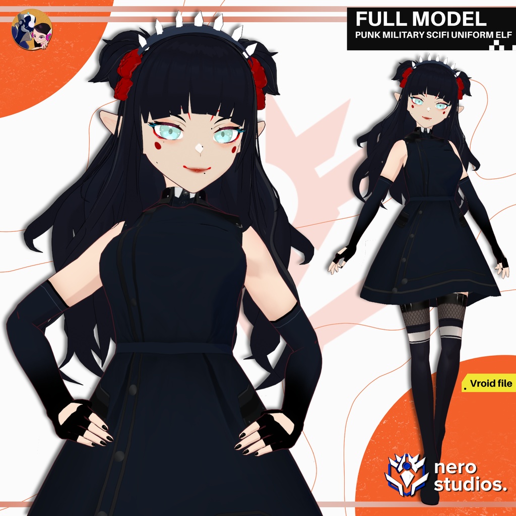 PUNK MILITARY SCIFI UNIFORM ELF CUTE SEXY GIRL STOCKINGS BOOTS HEELS HAIRSTYLE CROWN OUTFIT FULL SET PRESET (VROID FILE) / ゴシック SF ドレス 制服 エルフ かわいい 女の子 ストッキング ハイヒール クラウン image