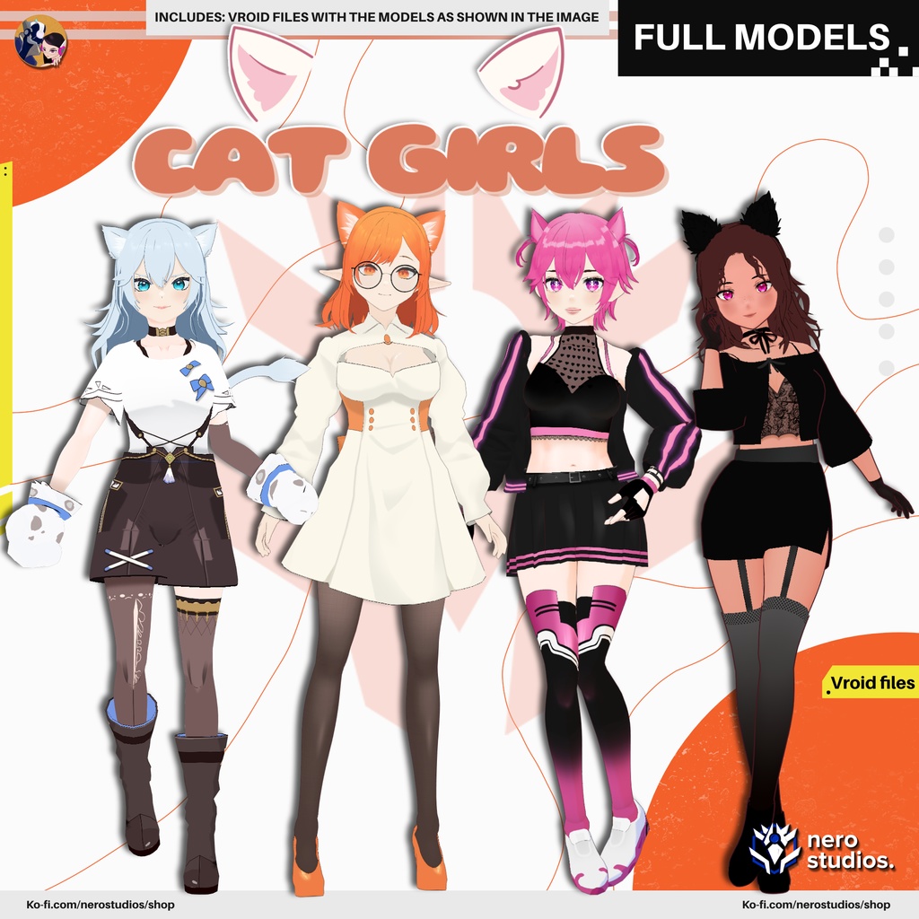CAT GIRL VTUBER MODEL, CAT EARS, VROID CLOTHES, VTUBER MODEL, VROID ASSETS TEXTURE, HAIR & OUTFITS PRESETS INCLUDED IN VROID STUDIO FILES / 猫 女の子 猫娘 猫耳 3Dモデル ドレス ストッキング ファンタジー 子猫 image
