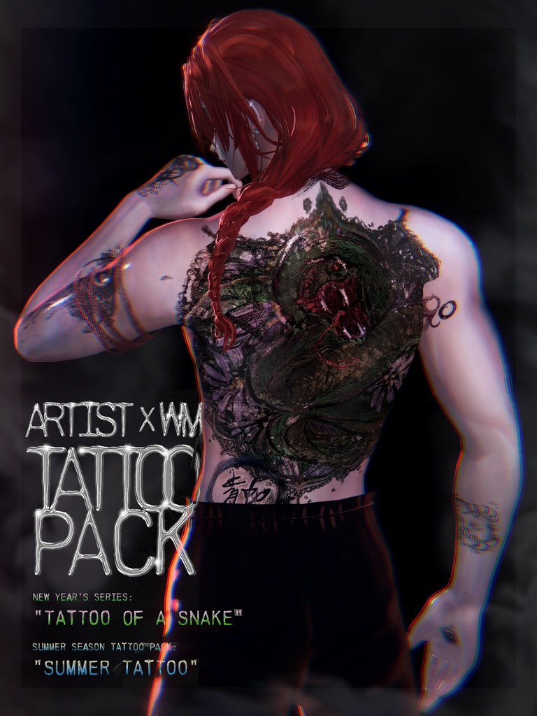 【VRChat】 [Artist  x WM] Tattoo Pack : "Tattoo of a Snake "+  "Summer tattoo" /  Tattoo, タトゥー、刺青、イレーズ味を出せる、 みんなのタトゥーテクスチャー image