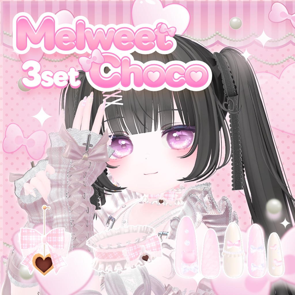 Melweet Choco 3-Piece Set [Earrings/Choker/Nails] All 4 Colours VRChat Accessories image