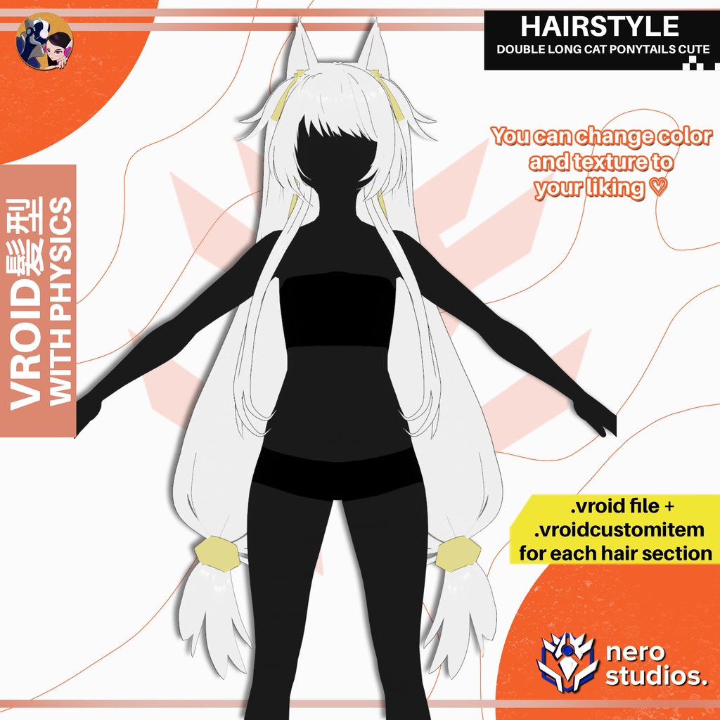 [VRoid Hairstyle] Cat Ears / Twin Tails Long Oriental Japanese Style Young Lady Cute HAIRSTYLE FOR VROID DOUBLE LONG CAT PONYTAILS CUTE AND ELEGANT ORIENTAL ANIME image