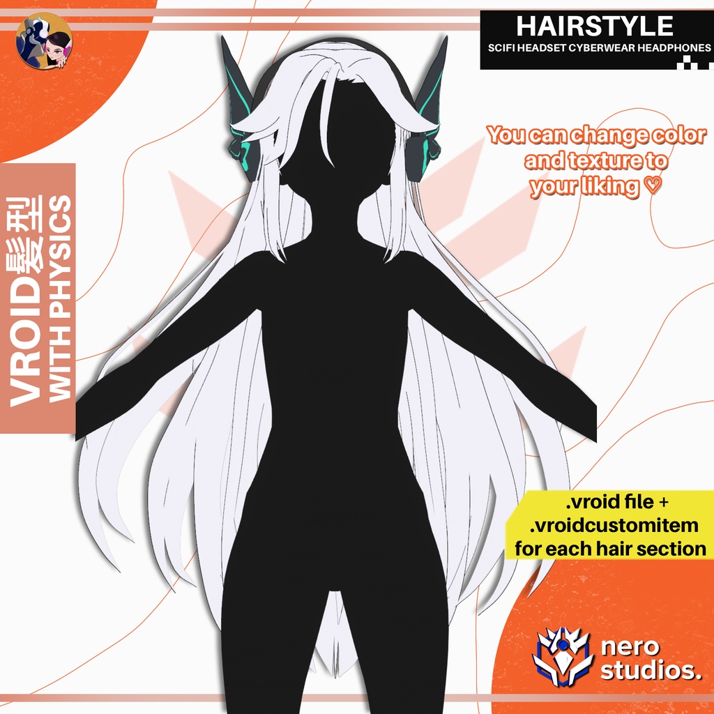 【VRoid髪型】 サイバーパンク風ヘッドセット付き未来型ヘアスタイル【VRoid用】 カスタムアイテム＋VRoidファイル / HAIR PRESET FOR VROID CYBERPUNK SCIFI HEADSET CYBERWEAR HEADPHONES MIKU CUSTOM ITEMS image
