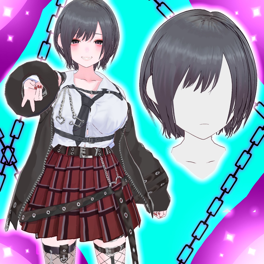 3/4衣装修正［髪型 衣装  vroidファイル］パンク風制服+ショートヘア image