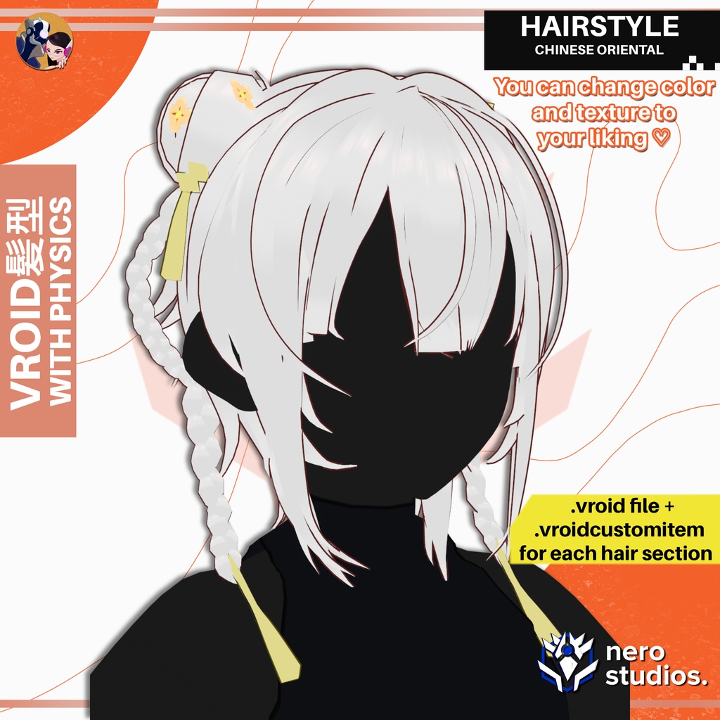【VRoid髪型】 中華風ツインお団子ヘア｜VRoidヘアプリセット  | ELEGANT CHINESE ORIENTAL HAIRSTYLE TWIN BUNS CUTE ACCESORIES HAIRSTYLE FOR VROID image